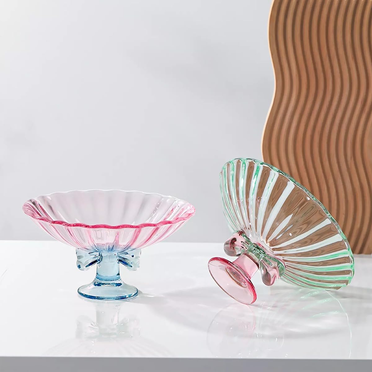 Glass Fruit Bowl. 9 inch Glass Pedestal Bowl. Elegant Bow Decoration Multicolor Salad Plate. Suitable for Fruit, Dessert, Candy, Snack & More. (Pink & Blue)