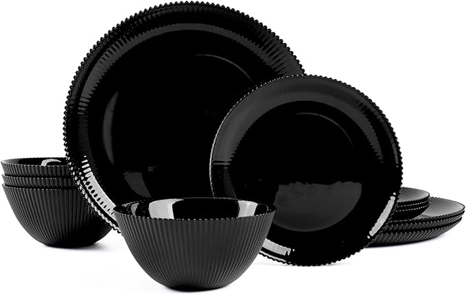 Dinnerware Sets for 4, 12 Pieces Opal Glass Plates and Bowls Set, Dishwasher and Microwave Safe Ribbed Dish Dinning Ware, Chip and Scratch Resistant Dishware, Black