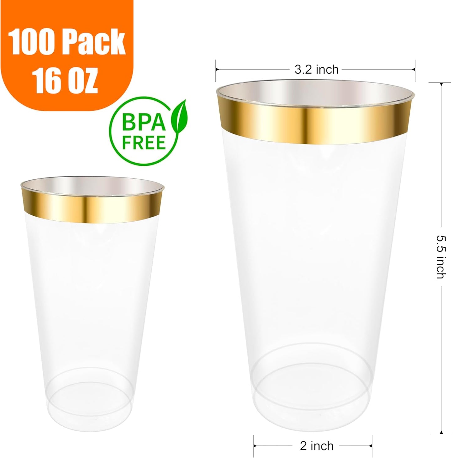 100 Pcs Gold Plastic Tumblers - 16 oz Clear and Gold Rim Plastic Wine Cups, Big Size Fancy Disposable Party Cup Beverage Drinking Cup for Party, Wedding, Halloween, Thanksgiving & Christmas