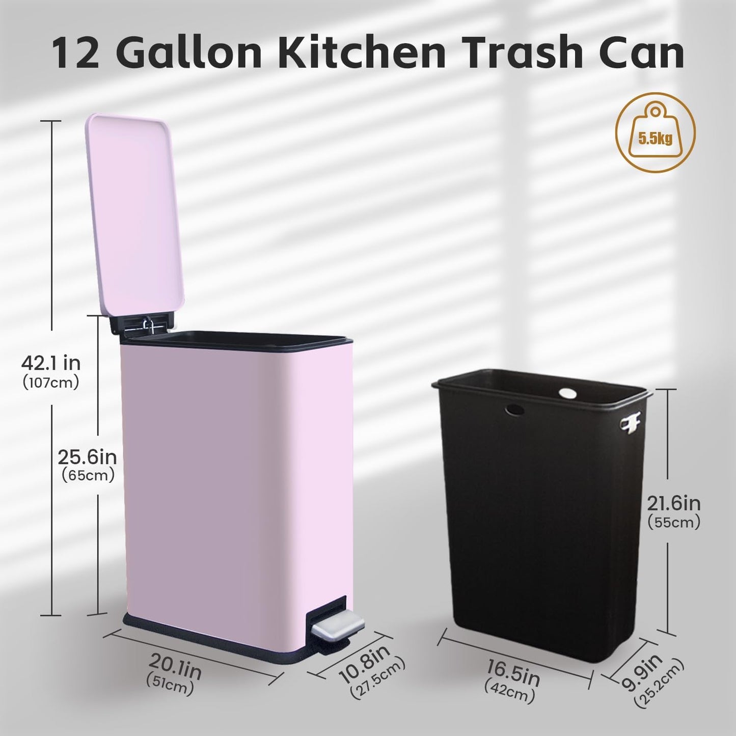 12 Gallon Slim Stainless Steel Trash Can with Soft-Close Lid & Removable Inner Bucket, Fingerprint-Proof, Odor-Controlled Pedal Garbage Can 45 Liter,Kitchen Bathroom & Office, Pink
