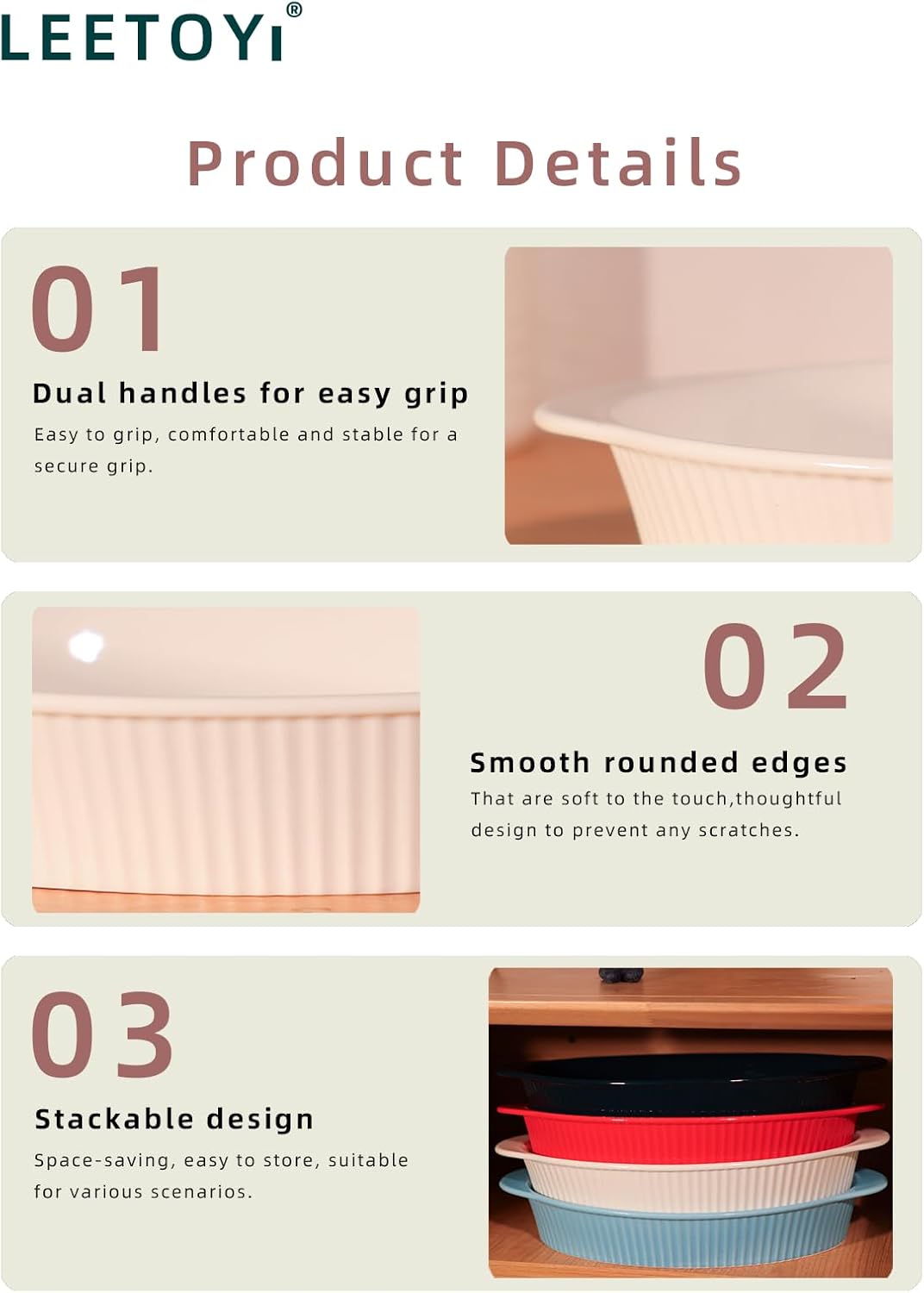 LEETOYI Porcelain 9x13 Large Oval Au Gratin Pans,Baking Dish for Servings, Bakeware with Double Handle for Kitchen and Home, White