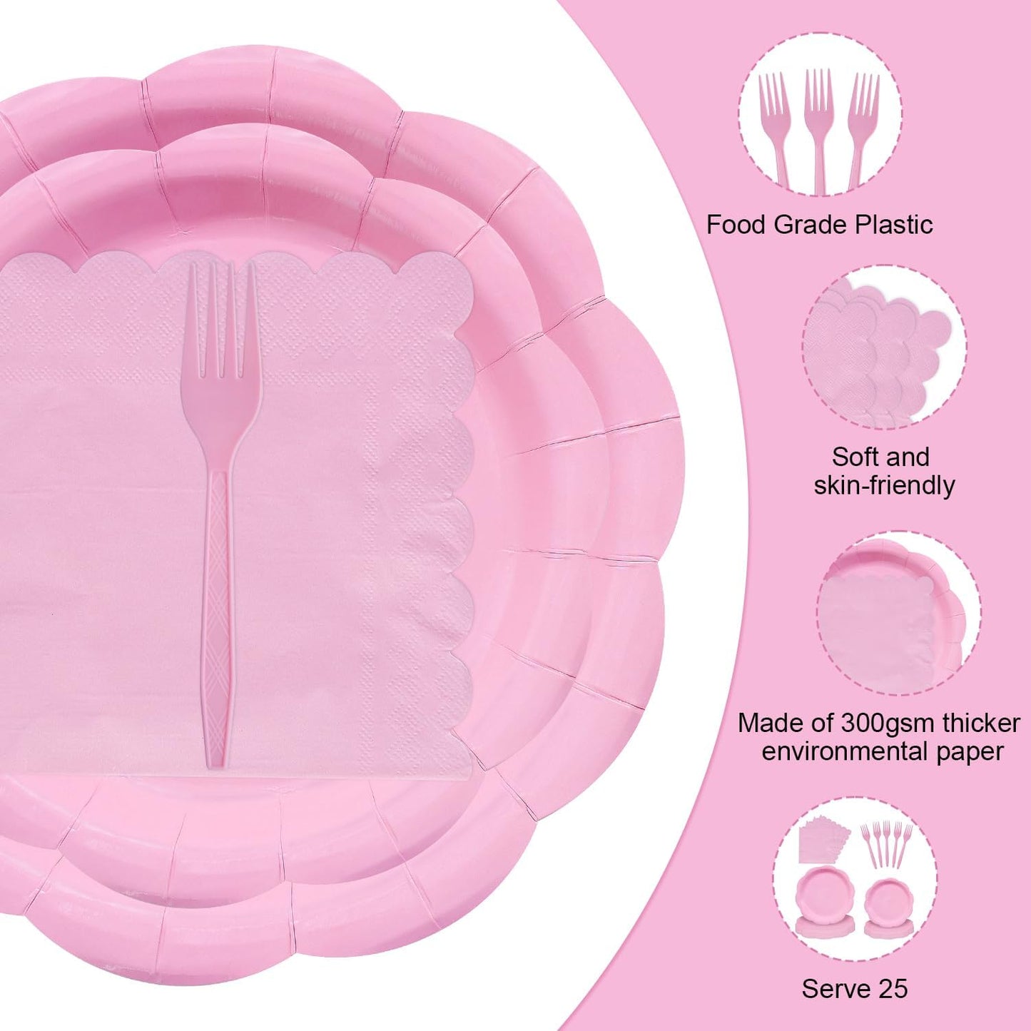 96 Pieces Pink Scalloped Tableware Set Party Supplies – Solid Color Disposable Dinnerware with Paper Plates, Napkins, and Forks for Girls Birthday, Baby Showers, Tea Parties – Serves 24