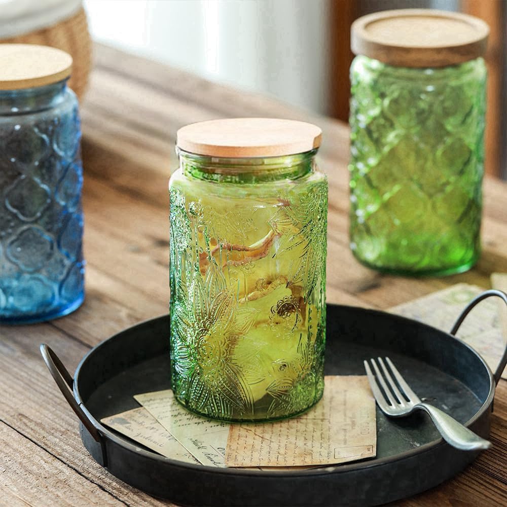 ANSQU 4-Pack Vintage Glass Jars with Airtight Lids, 34oz Glass Food Storage Containers for Kitchen Pantry Coffee, Tea, Candy, Cookie, Decorative Mason Jar (Blue&Green)