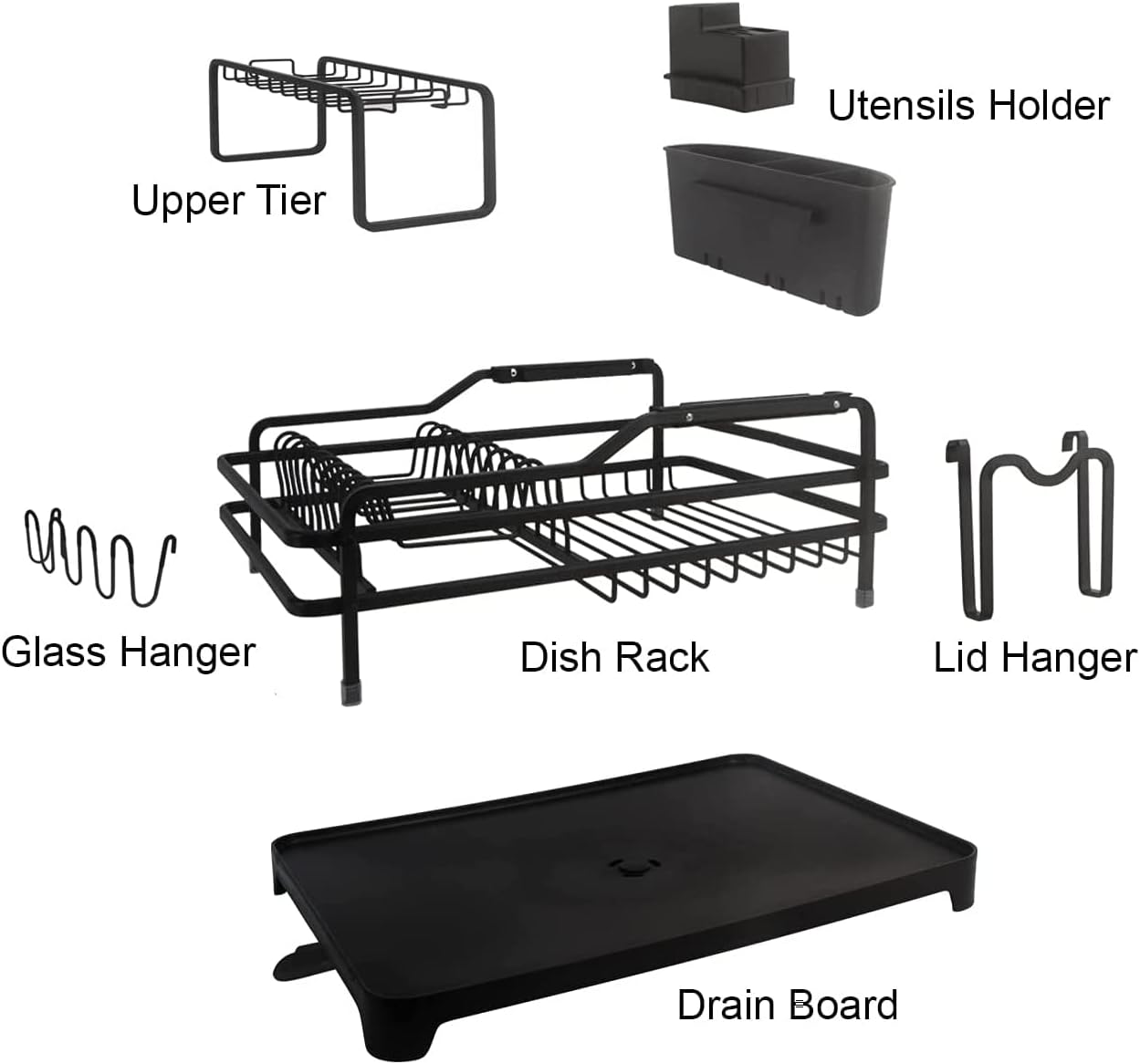 Evelyne GMT-10353-A Black Aluminum Dish Drying Rack with Utensil Holder - 2 Tier Kitchen Countertop Rust Proof Dish Rack and Drainboard Set - Large Dish Organizer Rack