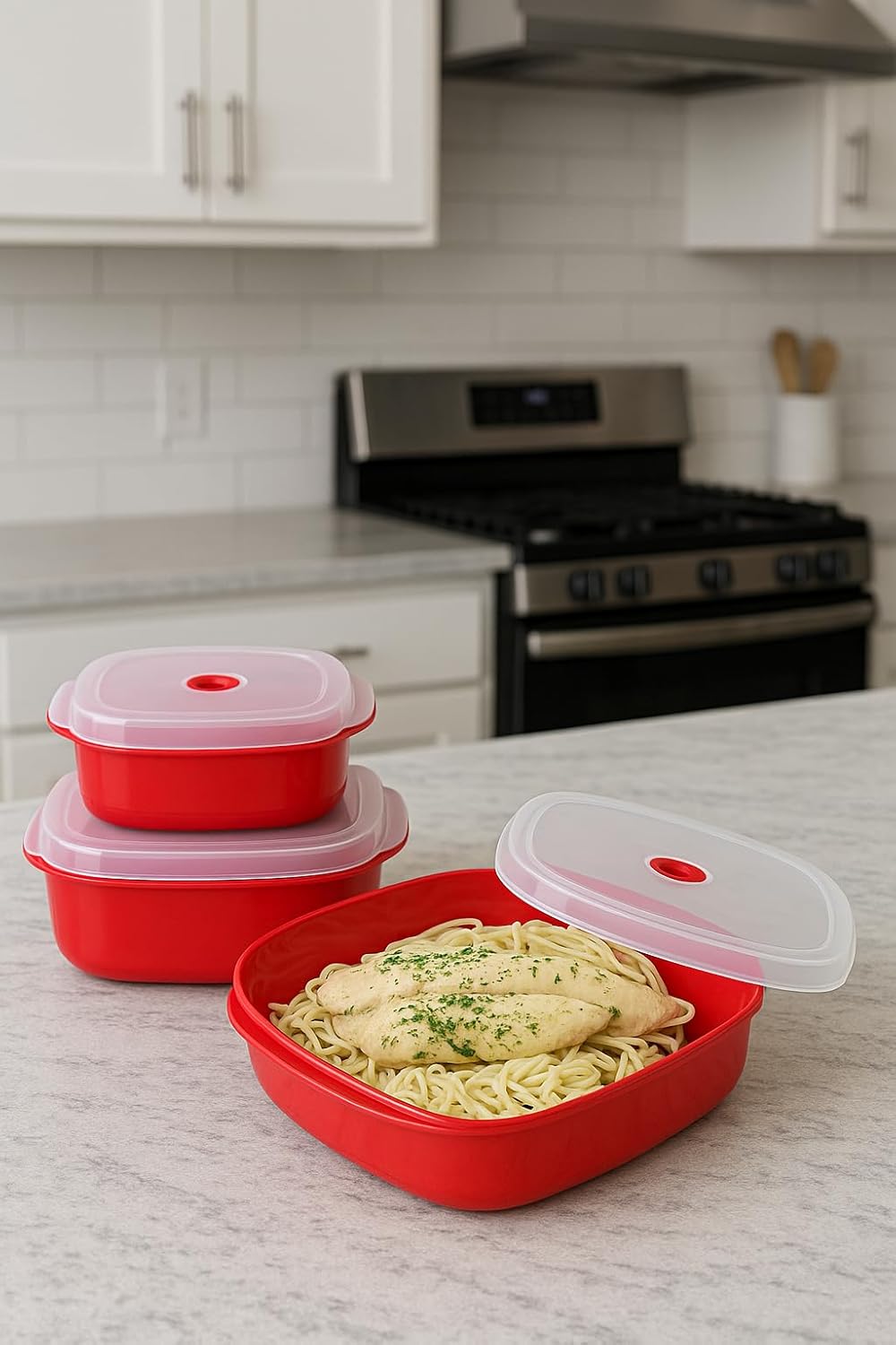Reston Lloyd Nesting Microwave Containers, Set of 3, Adjustable Steam Vents, Airtight, Meal Prep, Durable BPA-Free Plastic- Freezer & Dishwasher Safe, Cookware & Food Storage, Anyday Cookware, Azure