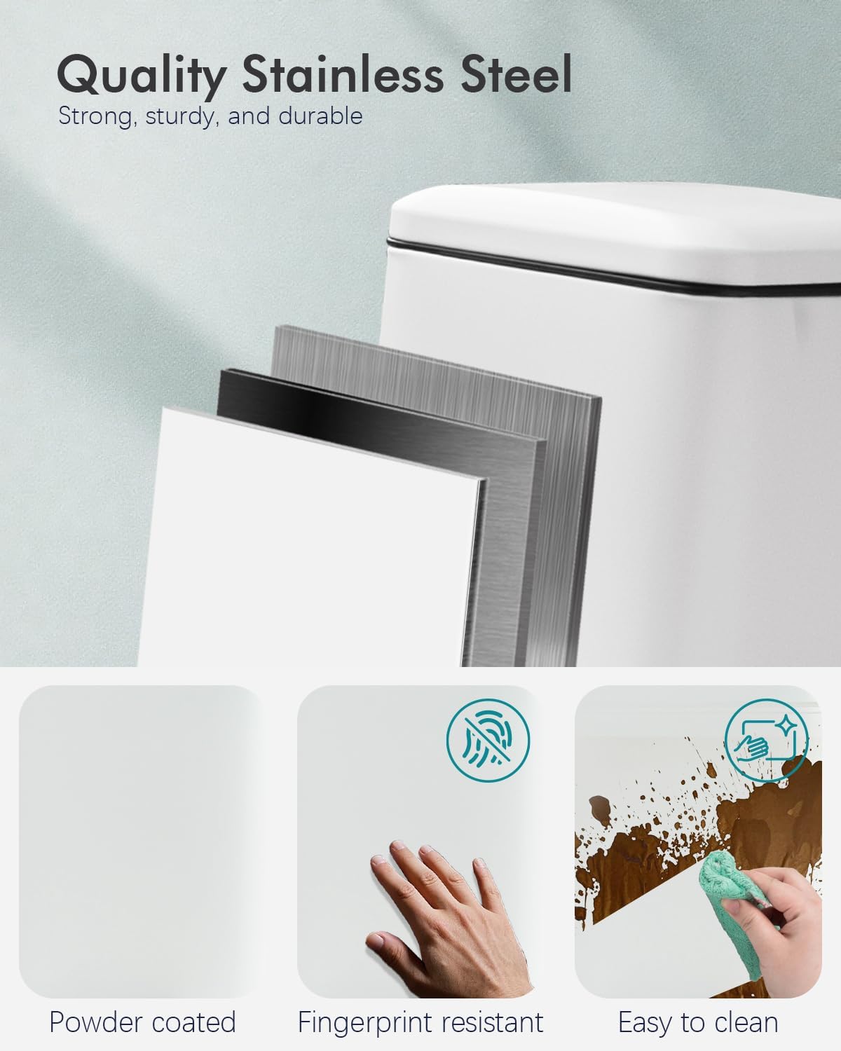 8 Gallon Square Trash Can with Lid, White Kitchen Trash Can with Soft Close, InnerBucket & Steel Pedal, Stainless Steel Garbage Can for Kitchen, Laundry Room, Office, Bathroom, Dorm