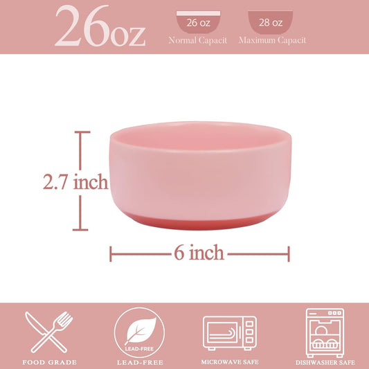 Stoneware Cereal Bowls Set of 4, 6 Inch Deep Bowl for Oatmeal, Soup, Ceramic Bowls Sets, Microwave Safe, Dishwasher Safe, Versatile for All Seasons, Pink