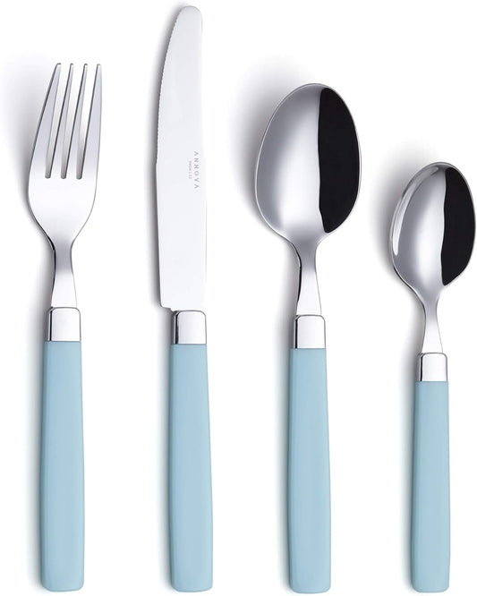 ANNOVA Silverware Set Stainless Steel Colorful Tableware Kitchen Flatware Set Utensils, Includes Dinner Knives, Forks, Spoons & Dessert Spoons (Turquoise, 16 Pieces)