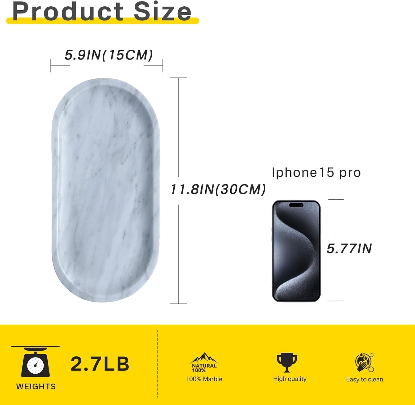 Natural Stone Tray, Marble Vanity Tray for Bathroom & Kitchen Countertop - Organizer for Perfume, Jewelry, Cosmetics 12x6 Inch,Carrara White