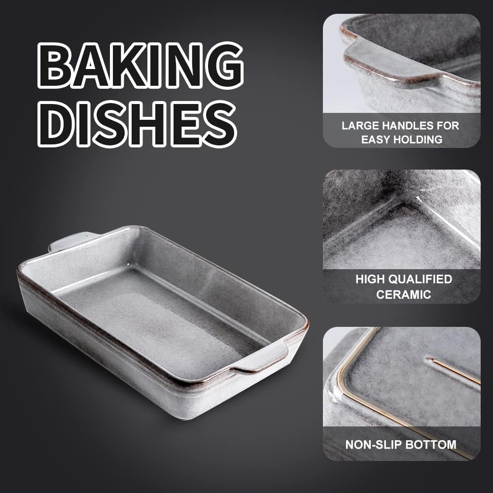Bakeware Set, Ceramic Baking Dish Set, Rectangular Casserole Dish Set, lasagna Pan, Baking Pans Set for Cooking, Cake Dinner, Kitchen, 9 x 13 Inches, Reactive Glaze 3-Piece (Variable Grey)