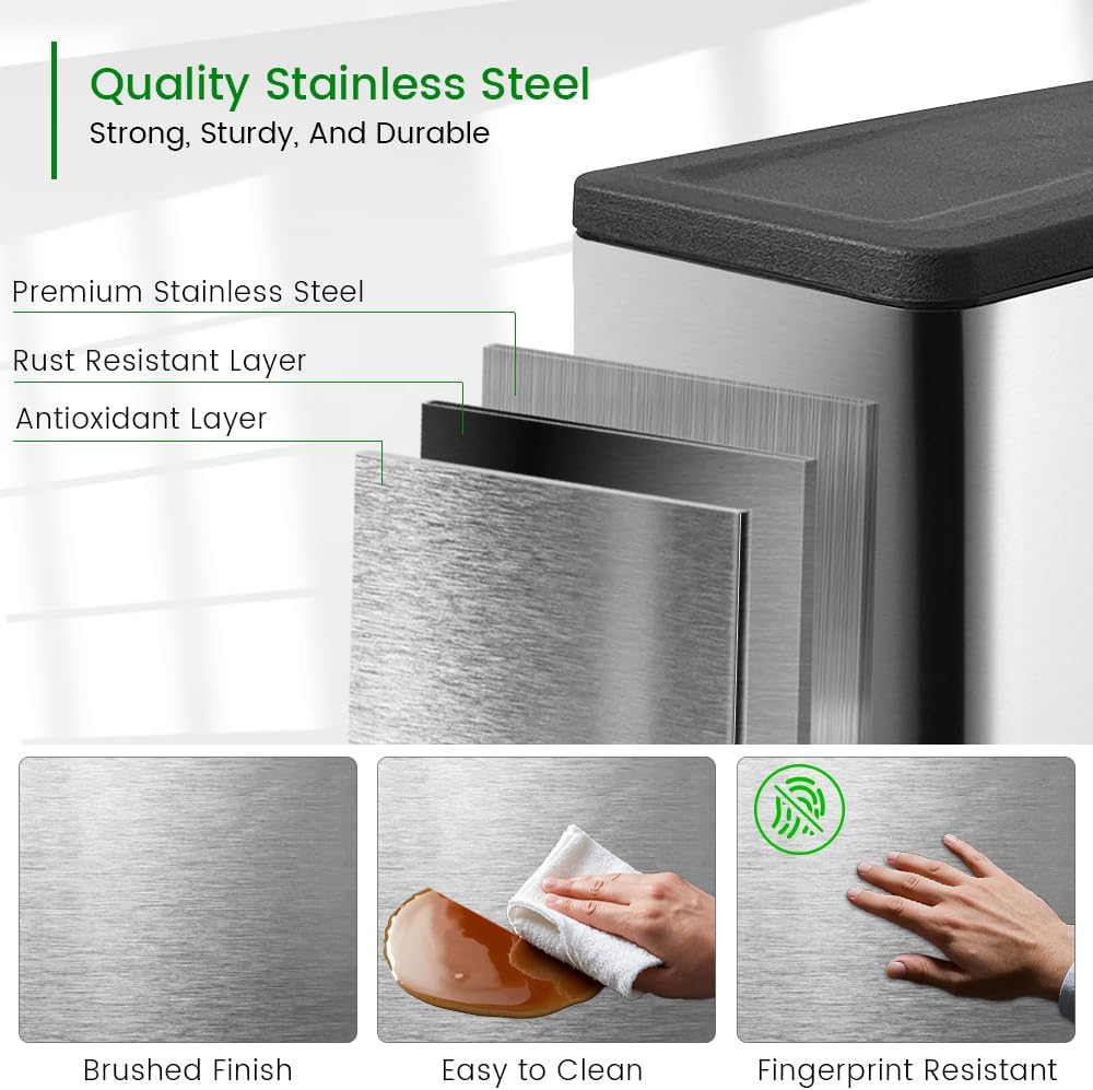 12 Gallon Trash Can with Lid，45L Kitchen Garbage Can,Stainless Steel Trash Can for Narrow Spaces with Soft-Close Lid, Inner Bucket, and Step-on Pedal