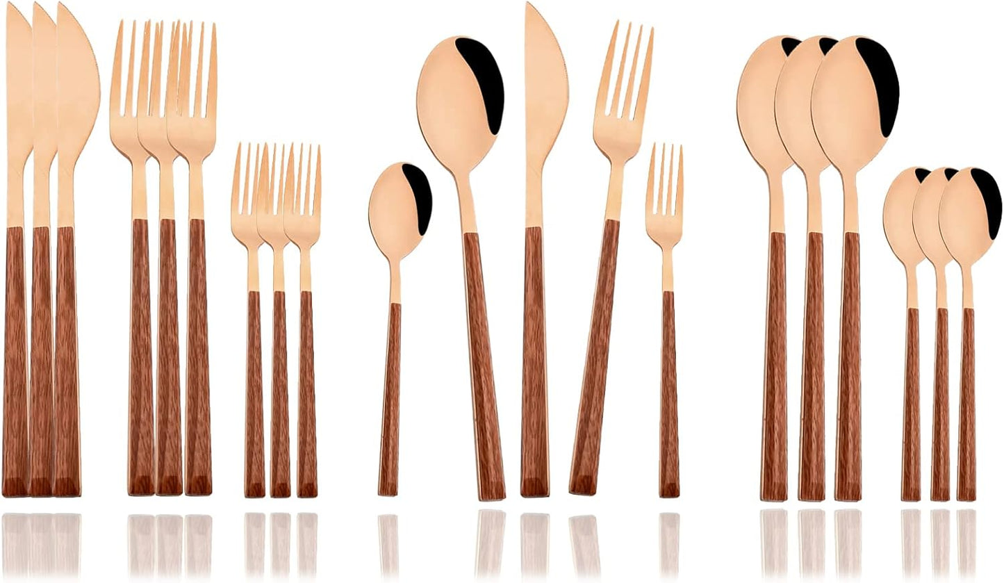 JASHII Wood Handle Flatware Set, 20 Pieces Stainless Steel Silverware Cutlery Set, Mirror Polished, Square Knife Fork Spoon Set, Dishwasher Safe - Korean Style Rose Gold
