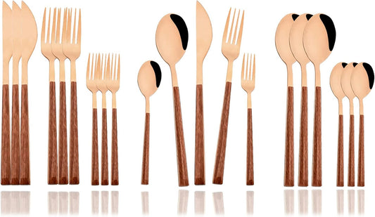 JASHII Wood Handle Flatware Set, 20 Pieces Stainless Steel Silverware Cutlery Set, Mirror Polished, Square Knife Fork Spoon Set, Dishwasher Safe - Korean Style Rose Gold