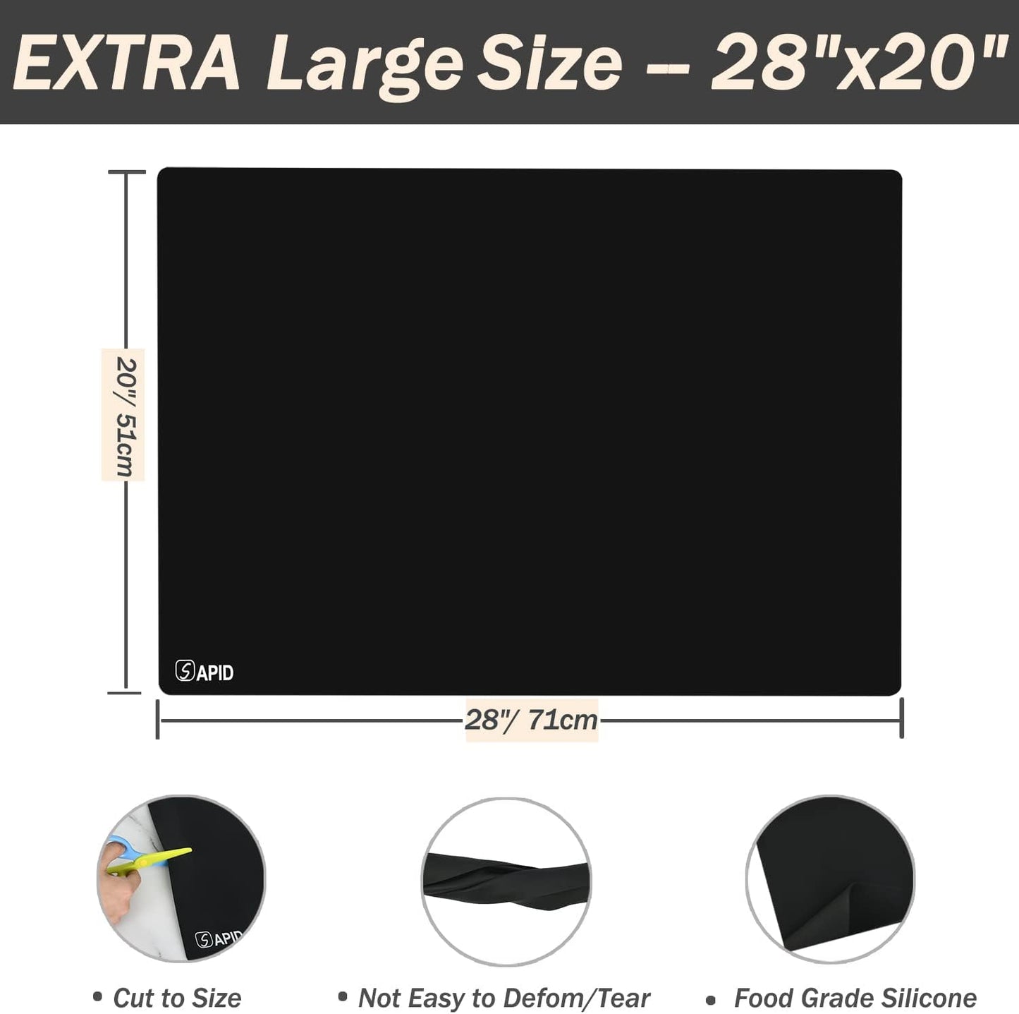 1.5MM Extra Thick Placemats Extra Large Silicone Mat 28" x 20" Heat Resistant Mat for Kitchen Countertop Protector, Washable Place Mats Silicone Mats for Kitchen Counter Mat Table Mat, Black, Sapid