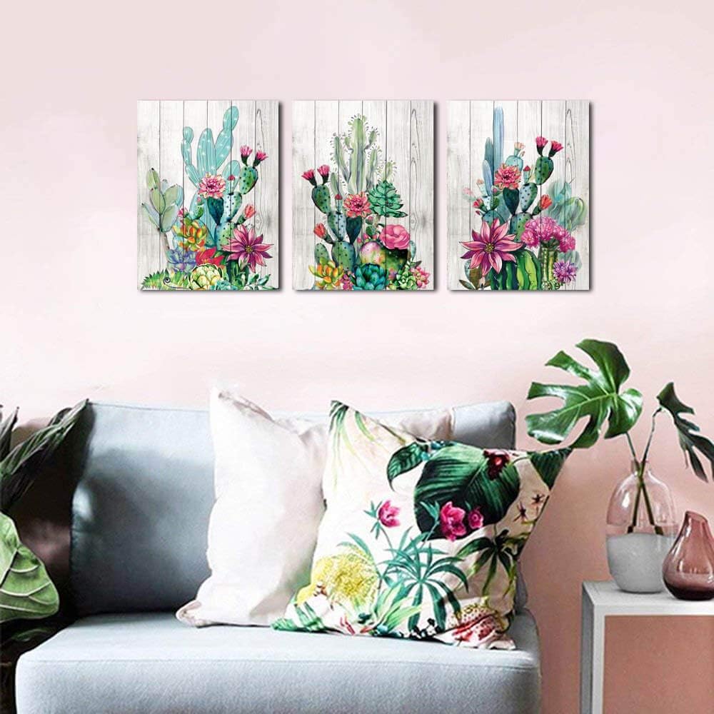 3 Piece Framed Wall Art Watercolor Tropical Plant Desert Cactus Canvas Print for Bedroom Bathroom Spiny Flower Artwork Home Office Wall Decoration 12x16 3 panels Decor
