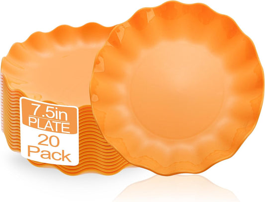 LIYH 20 Pcs 7.5 Inch Orange Plastic Plates Reusable - Unbreakable Dessert Scalloped Plates-Dishwasher Safe for Halloween & Thanksgiving Party BPA Free