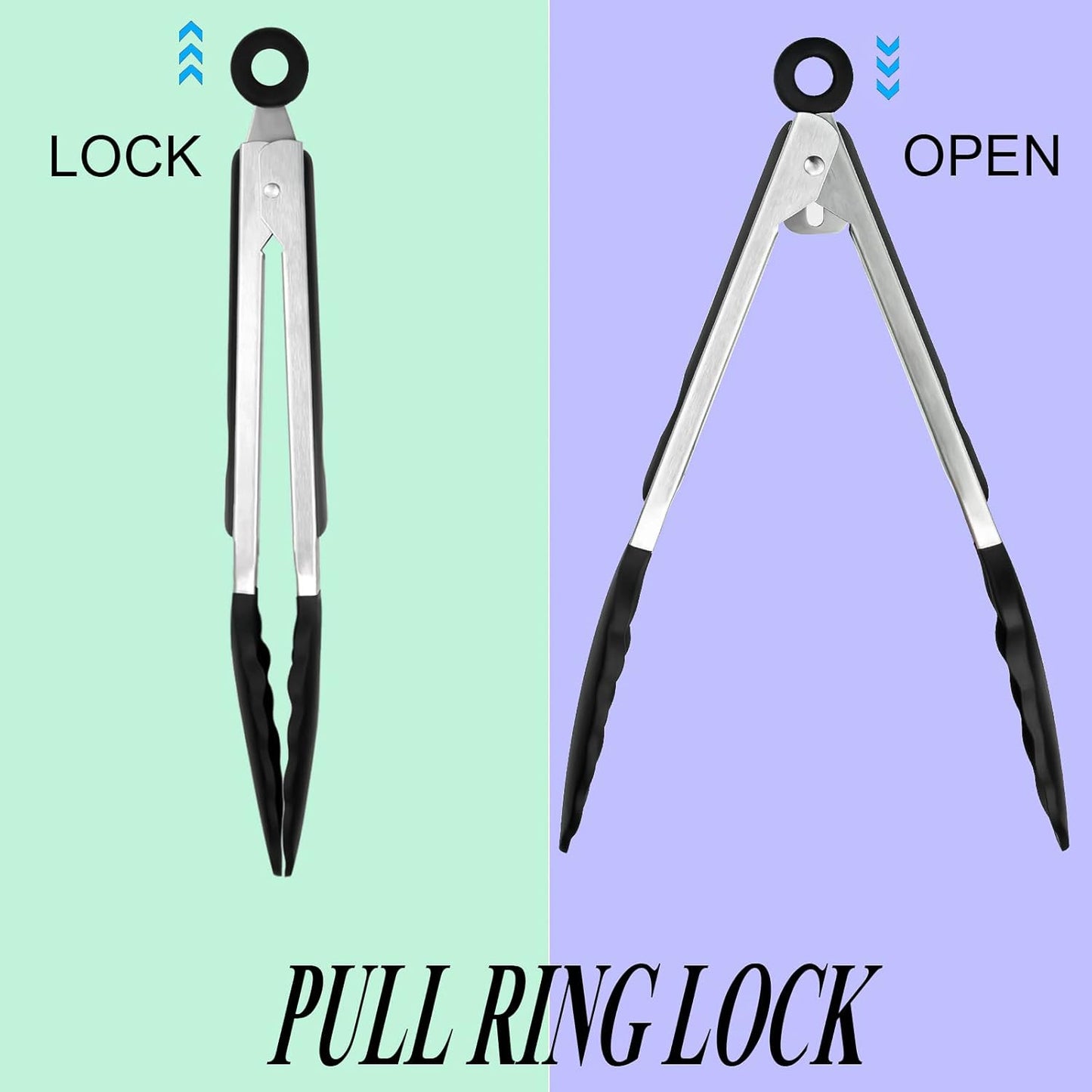 HST Tongs for Cooking with Silicone Tips(3 Pack), Non Stick Kitchen Tongs with Silicone Tip for Cooking BBQ Baking (9", Black)