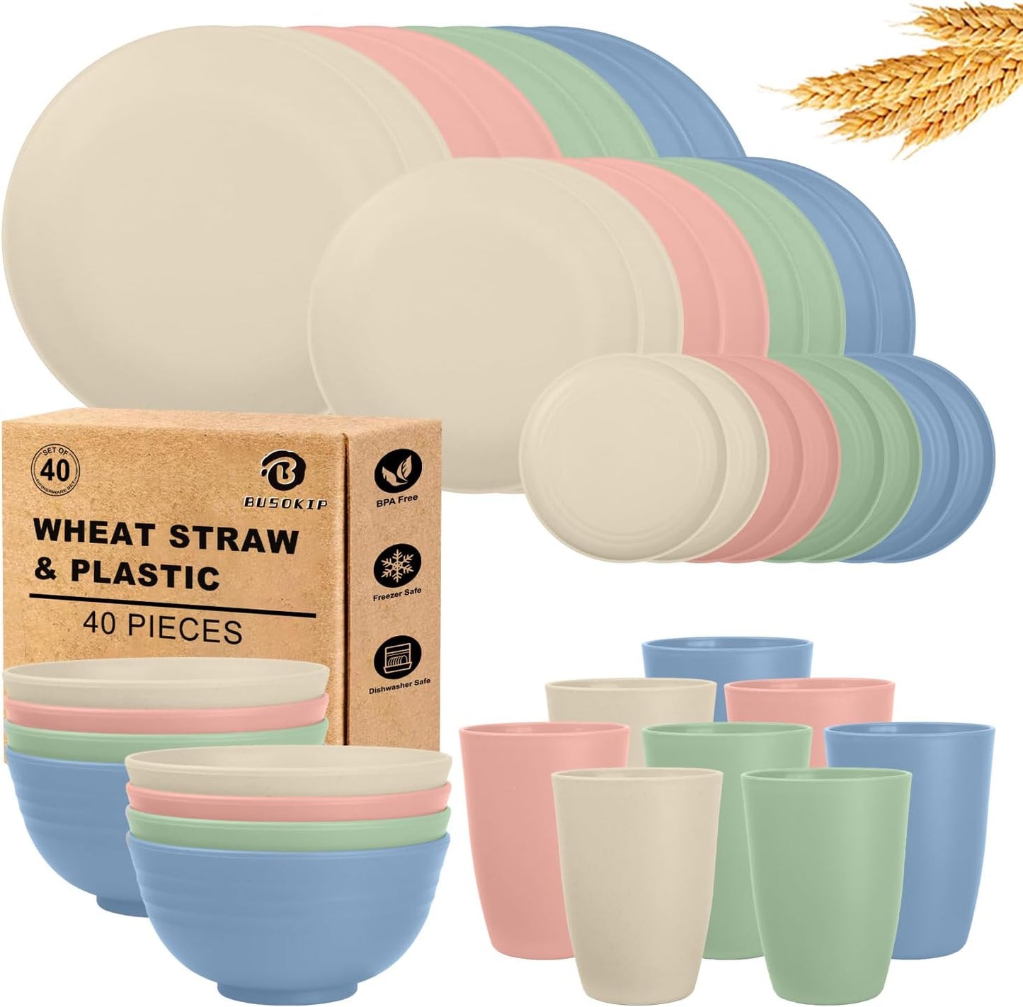 40 PCS Wheat Straw Dinnerware Sets | Service for 8, Unbreakable Plates and Bowls Sets - Dinner Plate, Cereal Bowl, Drinking Cups, Dishwasher & Microwave Safe for Kitchen, Camping,RV - Colorful