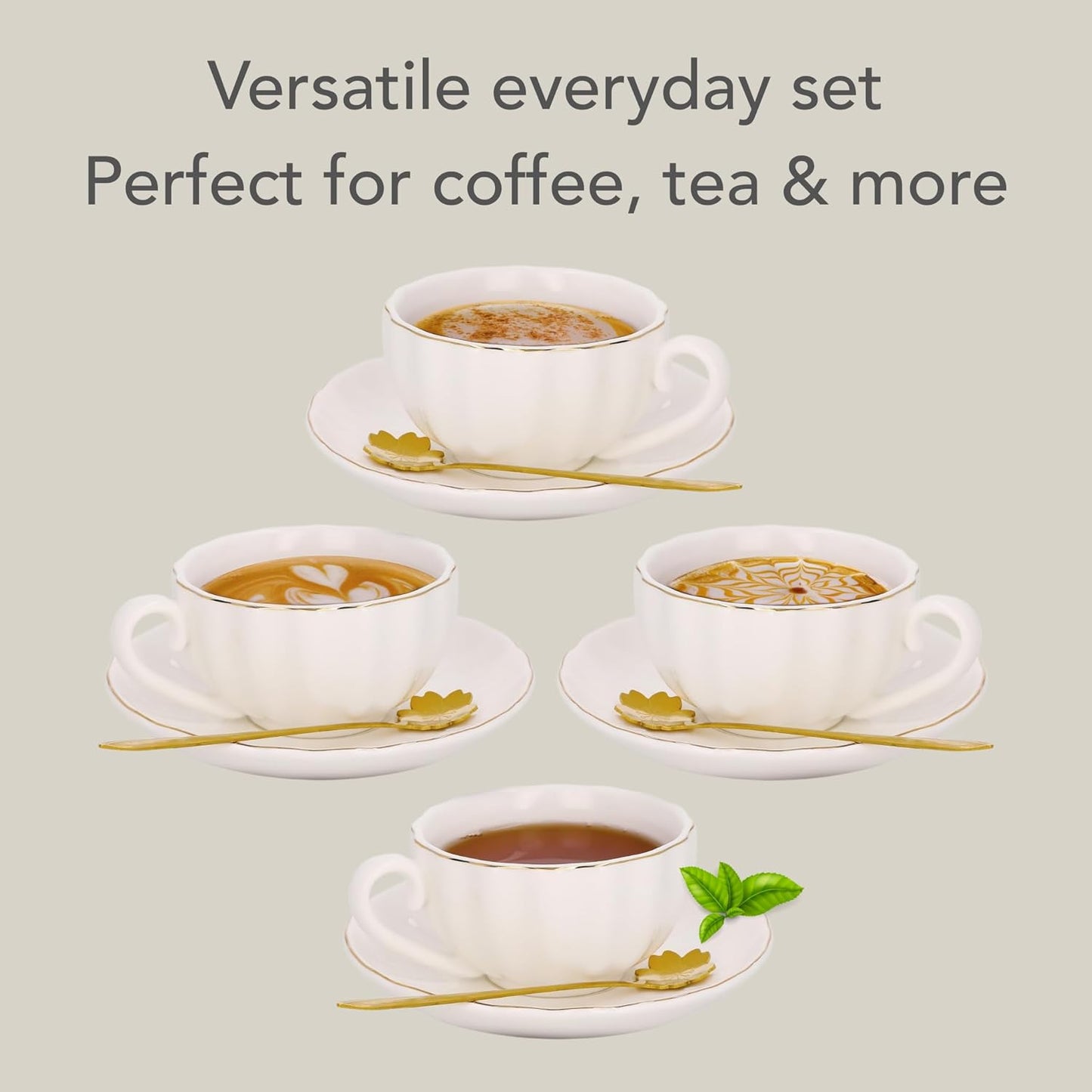 8oz Cappuccino Cups Set of 4 – Porcelain Gold Rimmed White 4 Cappuccino Cup and Saucer Set & Gold Spoons, Latte Cups, Coffee & Tea Mug and Saucer Set