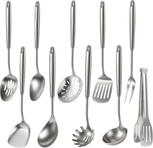 Newness 10 Pcs Cooking Utensils Set, 304 Stainless Steel Kitchen Utensils Set, Metal Kitchen Accessories, Include Soup Ladle, Slotted Skimmer Spoon, Spaghetti Spoon and Spatula, Tongs,Dishwasher Safe