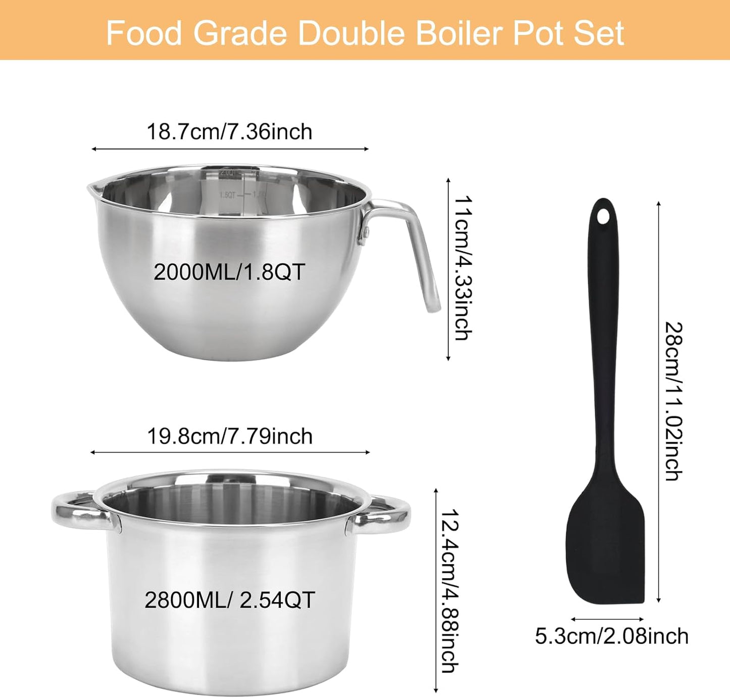 3PCS Double Boiler Pot Set, 2000ML/1.8QT Mixing Bowl with Scale 2800ML/ 2.54QT Stainless Steel Heating Pot with Silicone Spatula for Cheese Chocolate Candy Candle Soap Wax Melting (2000ml+2800ml)