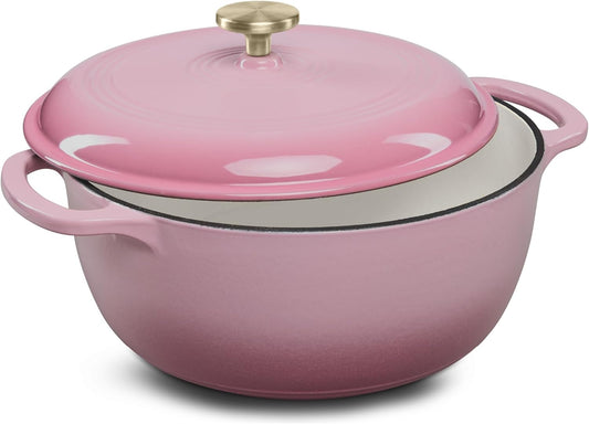 Best Choice Products 7.5 Quart Enamel Cast-Iron Round Dutch Oven, Family Style Heavy-Duty Pre-Seasoned Cookware for Home, Kitchen, Dining Room, Oven Safe w/Lid, Dual Handles - Pink Champagne