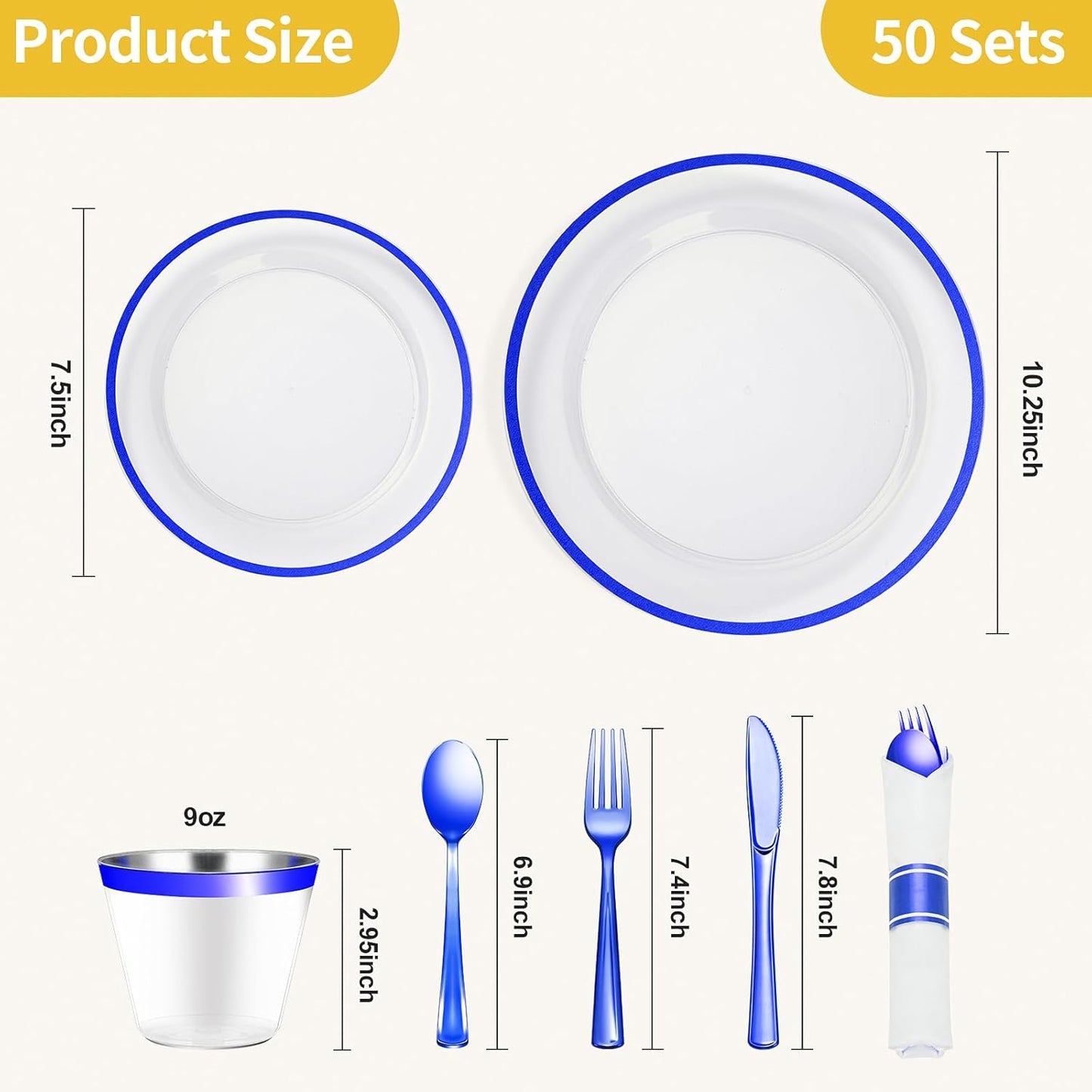 Goodluck 350 Piece Dark Blue Plastic Dinnerware Set for Party, Clear Disposable Plates for 50 Guests, Include: 50 Dinner Plates, 50 Dessert Plates, 50 Pre Rolled Napkins with Cutlery Set, 50 Cups