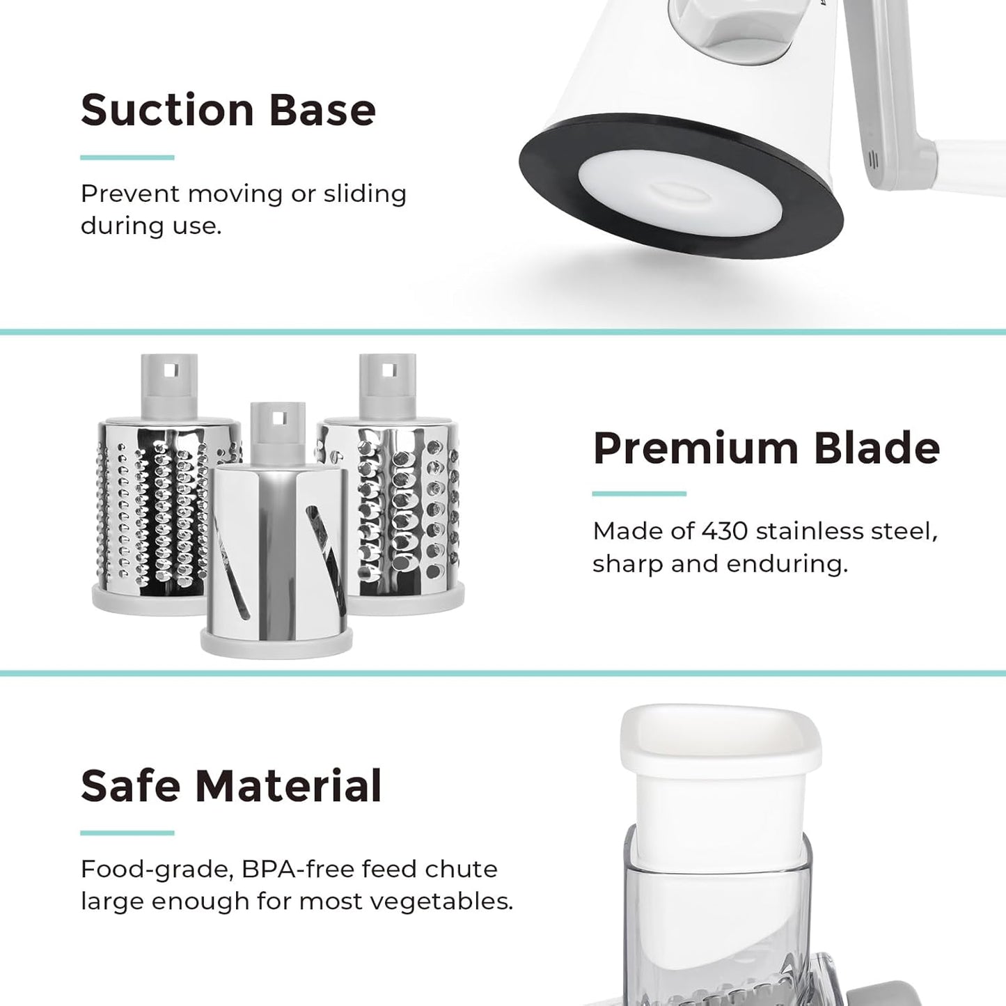 X Home Rotary Cheese Grater for Kitchen, Shredder with 3 Interchangeable Blades, Rotary Grater with Handle and Strong Suction Base, for Vegetables, Fruit, Nuts, Easy to Use and Clean, White