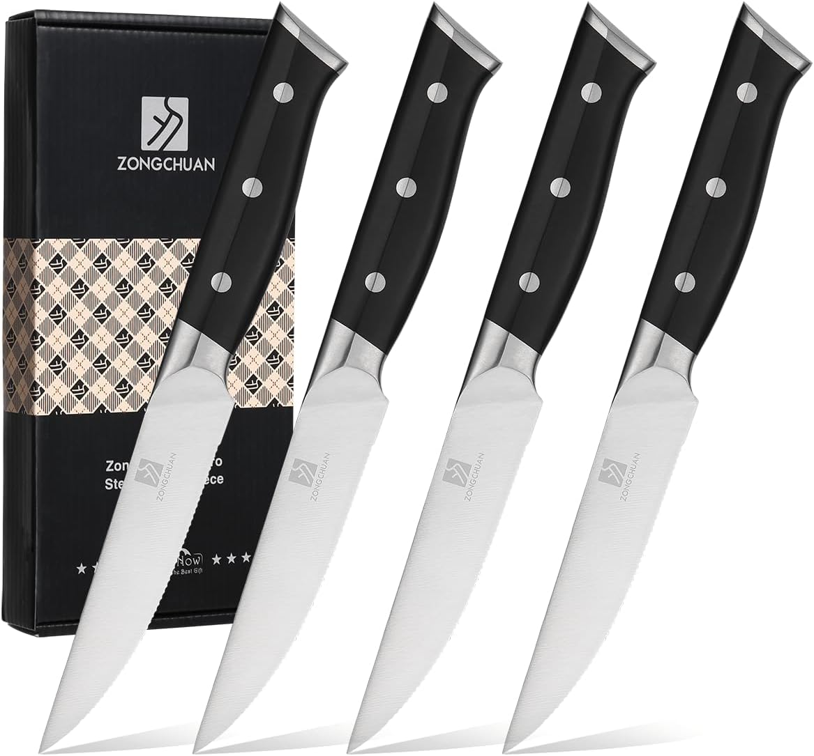Steak Knives,4.5 Inch Steak Knife Set of 4,Micro-Cutting Point Serrated Edge,Razor Sharp Kitchen Knife,50CR15MOV Stainless Steel,Dishwasher Safe,Ergonomic Handle And Full Tang Design With Gift Box