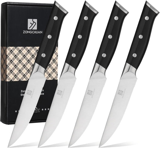 Steak Knives,4.5 Inch Steak Knife Set of 4,Micro-Cutting Point Serrated Edge,Razor Sharp Kitchen Knife,50CR15MOV Stainless Steel,Dishwasher Safe,Ergonomic Handle And Full Tang Design With Gift Box