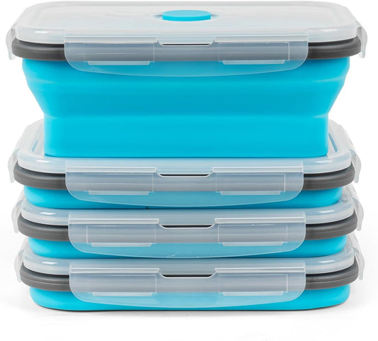 Collapsible Silicone Food Storage Containers Set with Lid & Air Vent,Foldable Lunch Containers(4PCS,Blue,27oz)
