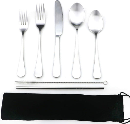 JASHII Modern Royal 5 Pcs Matte Silver 18/10 Stainless Steel Utensils Cutlery Dinnerware Set w/Drinking Straw, Knife Fork and Spoon Flatware Set for Wedding Festival Christmas Party Service for 1