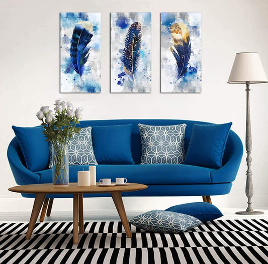 Pogusmavi Blue Canvas Wall Art for Living Room Large Modern Artwork Watercolor Feather Print Picture 3 pieces Canvas Wall Art Bedroom Wall Decor Ready to Hang for Home Office Decoration
