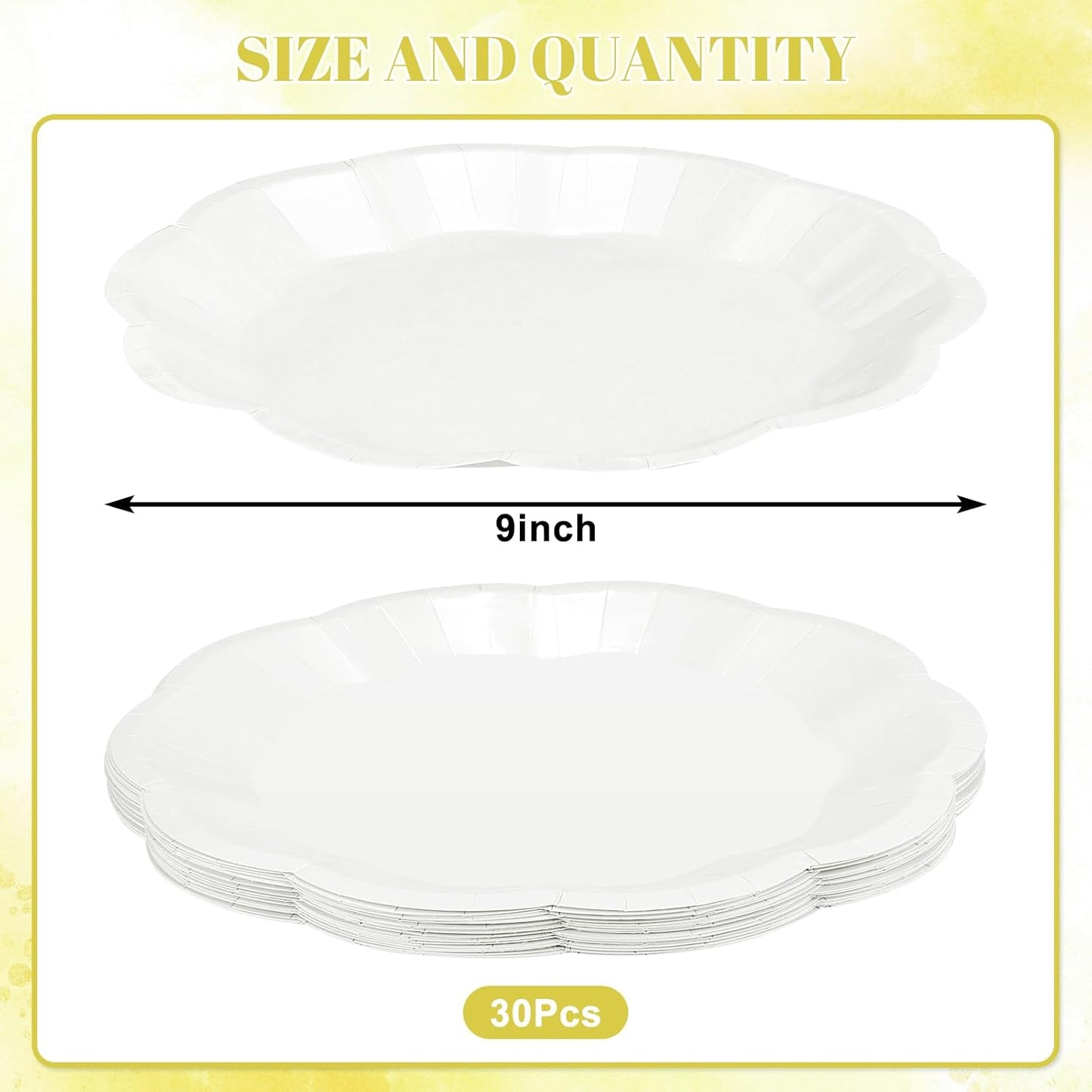 30 Pcs White Paper Plates, 9 Inch Scalloped Paper Plates Disposable Dinner Plate Dessert Cake Plate Party Supplies for Wedding Bridal Baby Shower Birthday