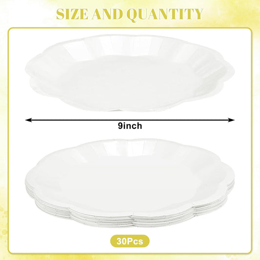 30 Pcs White Paper Plates, 9 Inch Scalloped Paper Plates Disposable Dinner Plate Dessert Cake Plate Party Supplies for Wedding Bridal Baby Shower Birthday