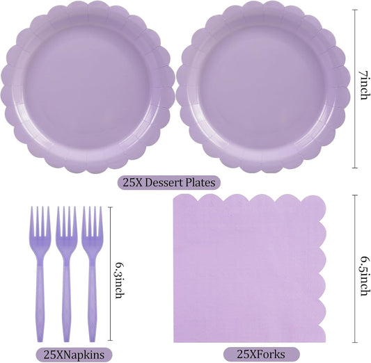 75Pcs Purple Paper Plates-7IN Solid Color Scalloped Disposable Birthday Dinnerware Dinner Party Plates Nakpins Forks for Graduation Baby Shower Bridal Wedding Birthday Party Table Decor-25 Guests