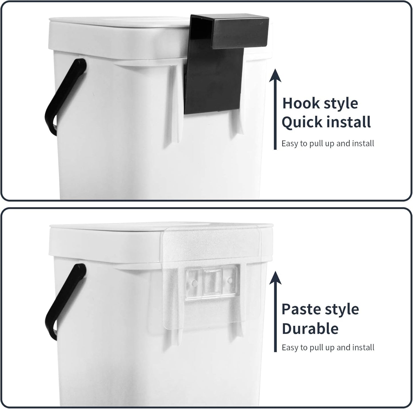 Domiella 2 Pack Hanging Small Trash Can with Lid (1.3 + 0.8 Gal), Kitchen Compost Bin for Countertop or Under Sink, Mountable Food Waste Bin for Cabinet, Bathroom, or RV Use (White)