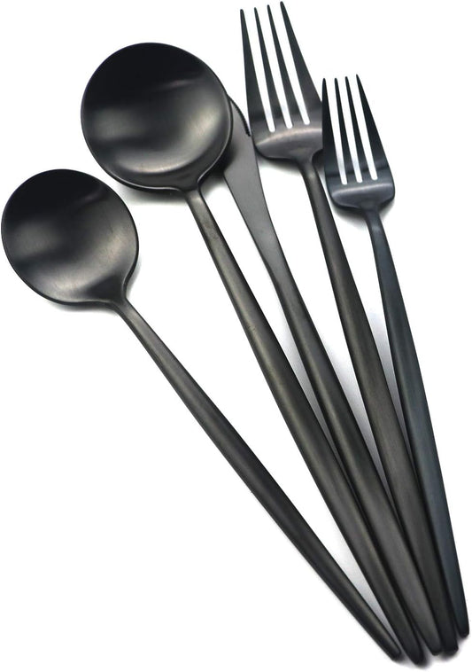 Gugrida 24-Piece Matte Black Handle 18/10 Stainless Steel Silverware Set, Titanium Black Cutlery, Flatware Set for Home & Restaurant, Dishwasher Safe