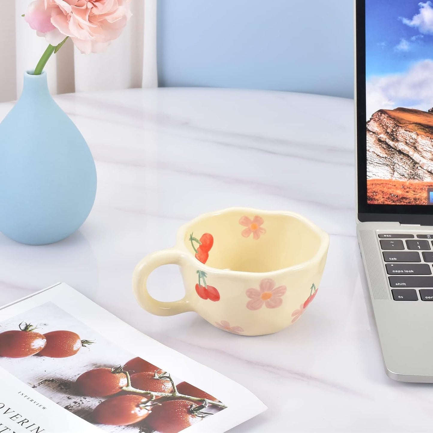 Koythin Ceramic Coffee Mug, Creative Flower Cup for Office and Home, Dishwasher and Microwave Safe, 8.5 oz/250 ml for Latte Tea Milk, Suitable for Mom on Mother's Day (Pink Cherry)