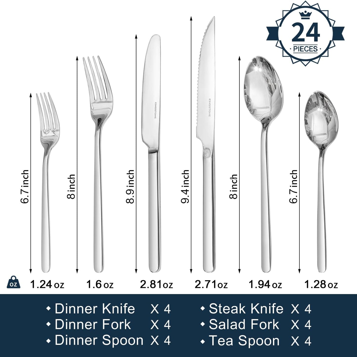 KINGSTONE 24-Piece Silverware Set with Steak Knives, Flatware Set for 4, Stainless Steel Tableware Cutlery Set for Home Restaurant, Mirror Finish,Modern Design