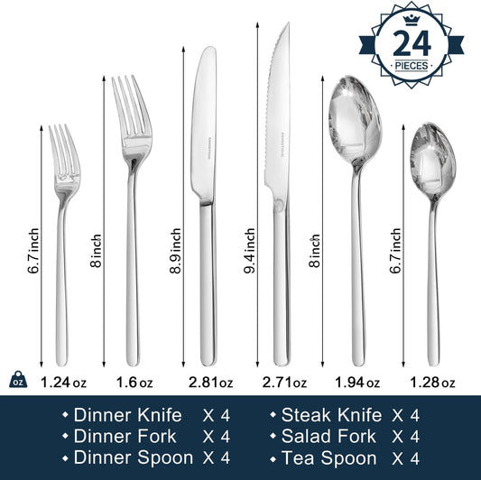 KINGSTONE 24-Piece Silverware Set with Steak Knives, Flatware Set for 4, Stainless Steel Tableware Cutlery Set for Home Restaurant, Mirror Finish,Modern Design