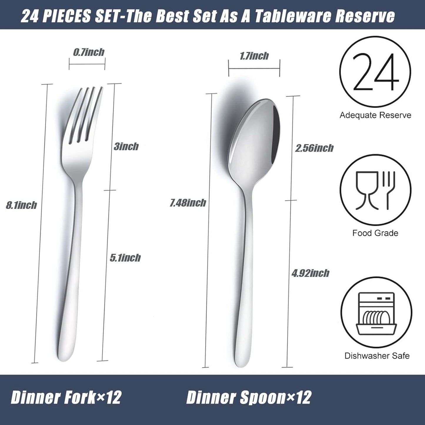 24 Pcs Forks and Spoons Silverware Set, Food Grade Stainless Steel Flatware Cutlery Set for Home, Kitchen and Restaurant, 12 Dinner Forks and Dinner Spoons, Mirror Polished & Dishwasher Safe