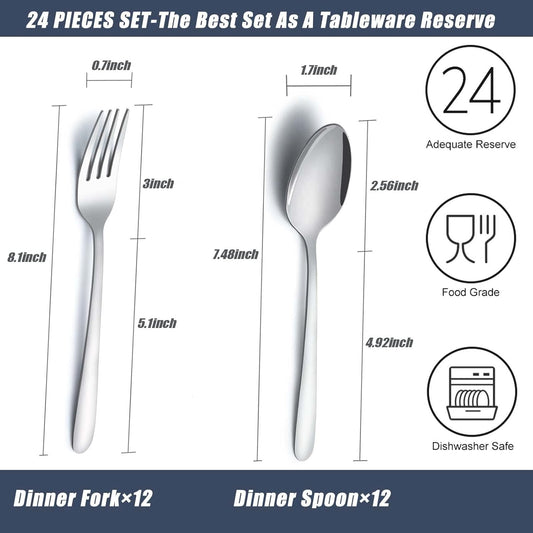 24 Pcs Forks and Spoons Silverware Set, Food Grade Stainless Steel Flatware Cutlery Set for Home, Kitchen and Restaurant, 12 Dinner Forks and Dinner Spoons, Mirror Polished & Dishwasher Safe
