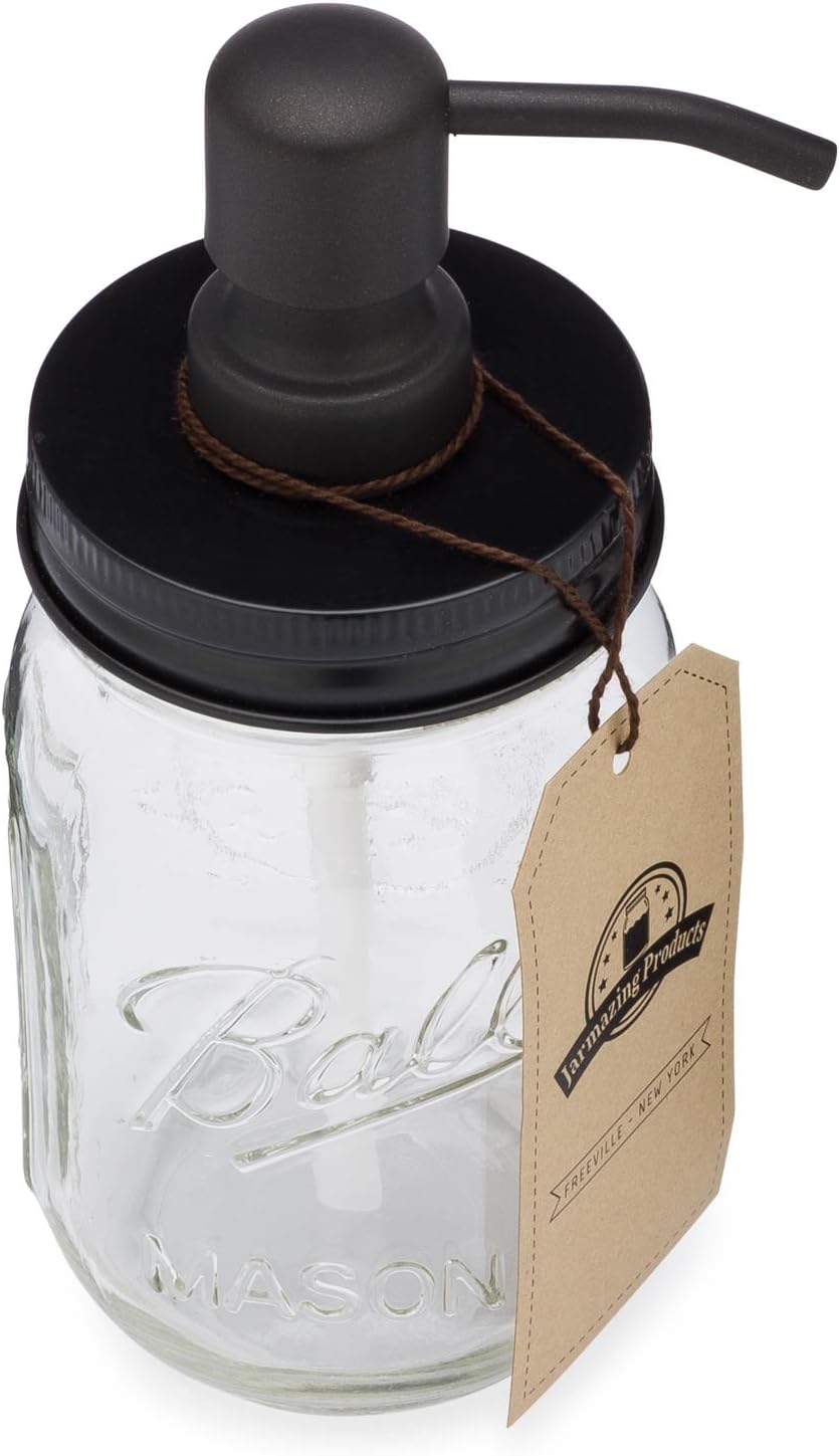 Jarmazing Products Mason Jar Soap Dispenser - Black - 16 oz Ball Mason Jar Liquid Dispenser for Kitchen & Bathroom - Glass - Kitchen Soap Dispenser with Rust Proof Stainless Steel Pump & Lid