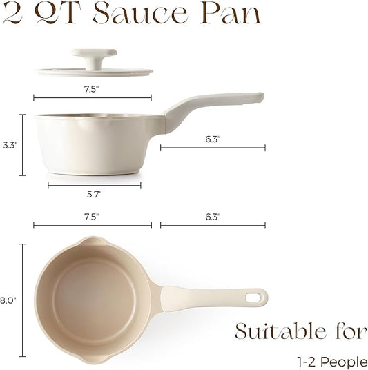 PRICUSIS Ceramic Nonstick Saucepan with Lid, 2 Quart Non Toxic Pot with Pour Spouts, Full Coated, 100% Dishwasher Safe, Induction Compatible & Oven Safe, PTFE PFAS & PFOA Free, Coconut White