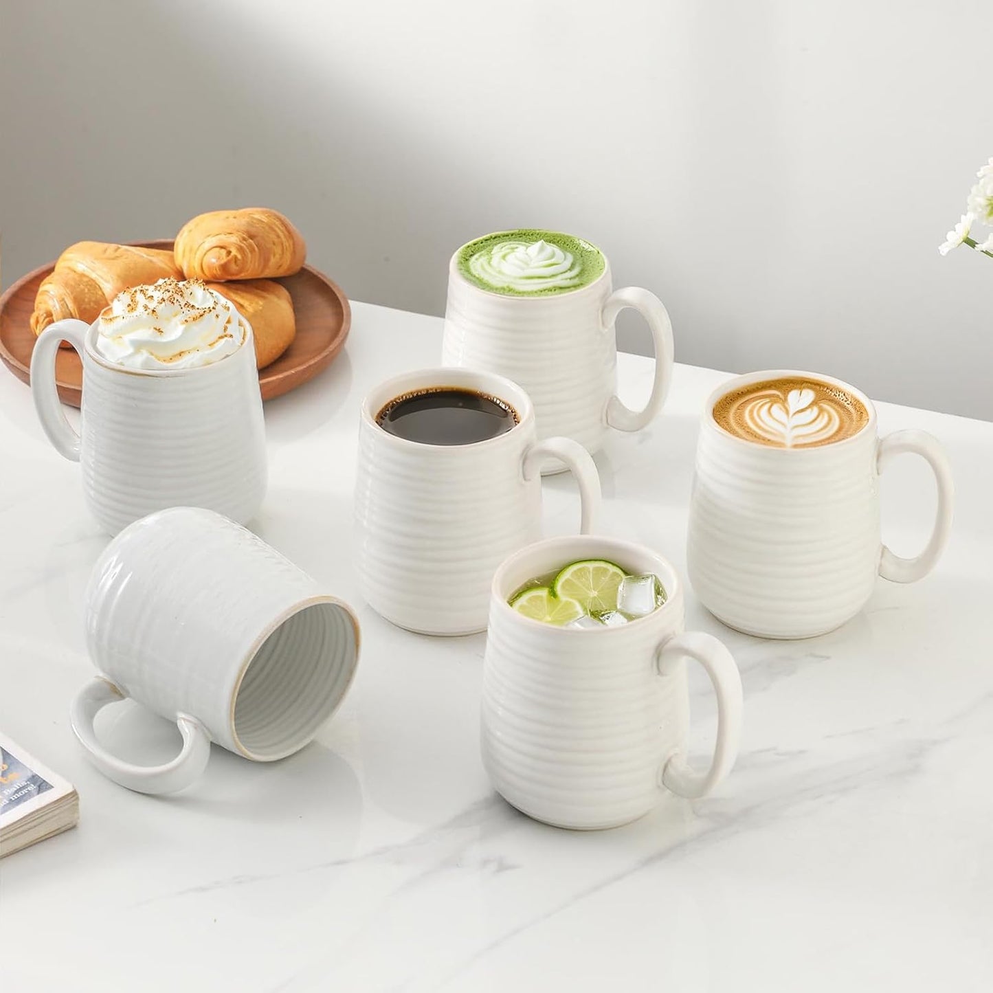 15oz Coffee Cups, Porcelain Coffee Mugs for Latte, Milk, Cappuccino, Cocoa, Tea Cups with Handle for Dad and Mom as a Gifts, Dishwasher and Microwave Safe, Set of 6, White