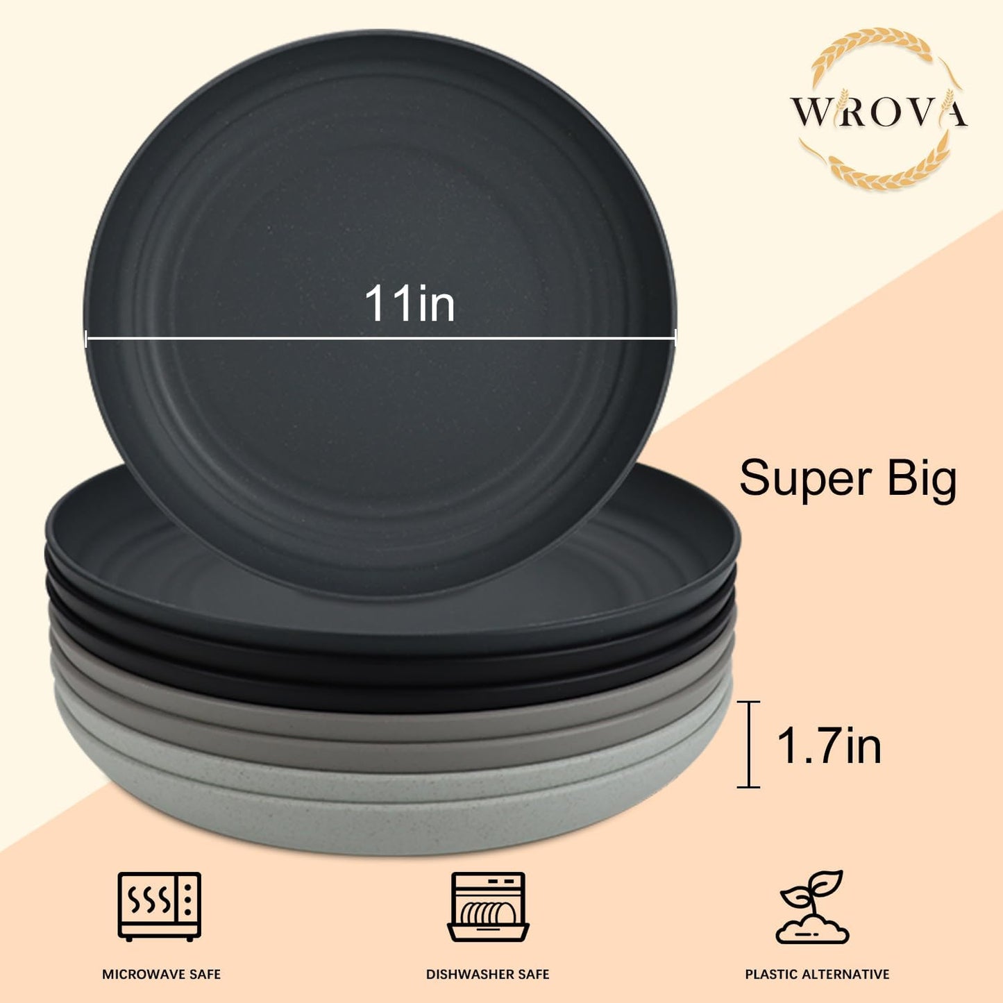 Wrova Large Wheat Straw Plates - 11 Inch Unbreakable Dinner Plates Set of 8 - Dishwasher & Microwave Safe, Reusable - Deep Edge for Kitchen and Camping (Classic)