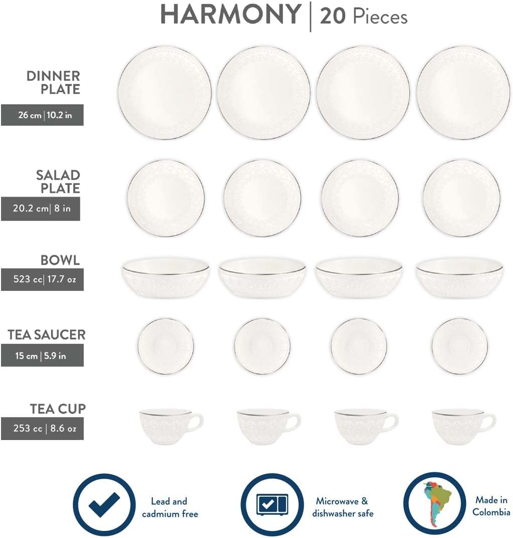 Corona 20–piece Silver-Rim Elegant Embossed Floral Pattern Ceramic Dinnerware Sets, Plates Bowls and Cups, Service For 4, Harmony