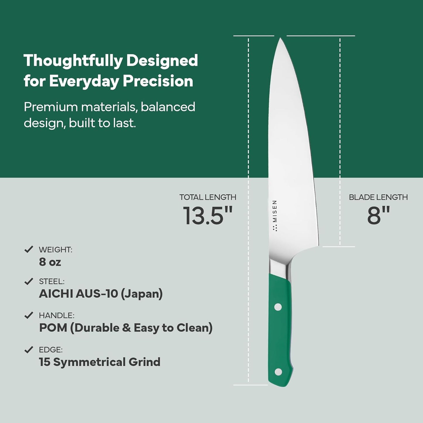 Misen 8" Chef Knife – High Carbon Japanese AUS-10 Stainless Steel – Hybrid German & Japanese Blade – Precision Kitchen Knife for Professionals & Home Cooks – Ultimate Cutting Performance - Green