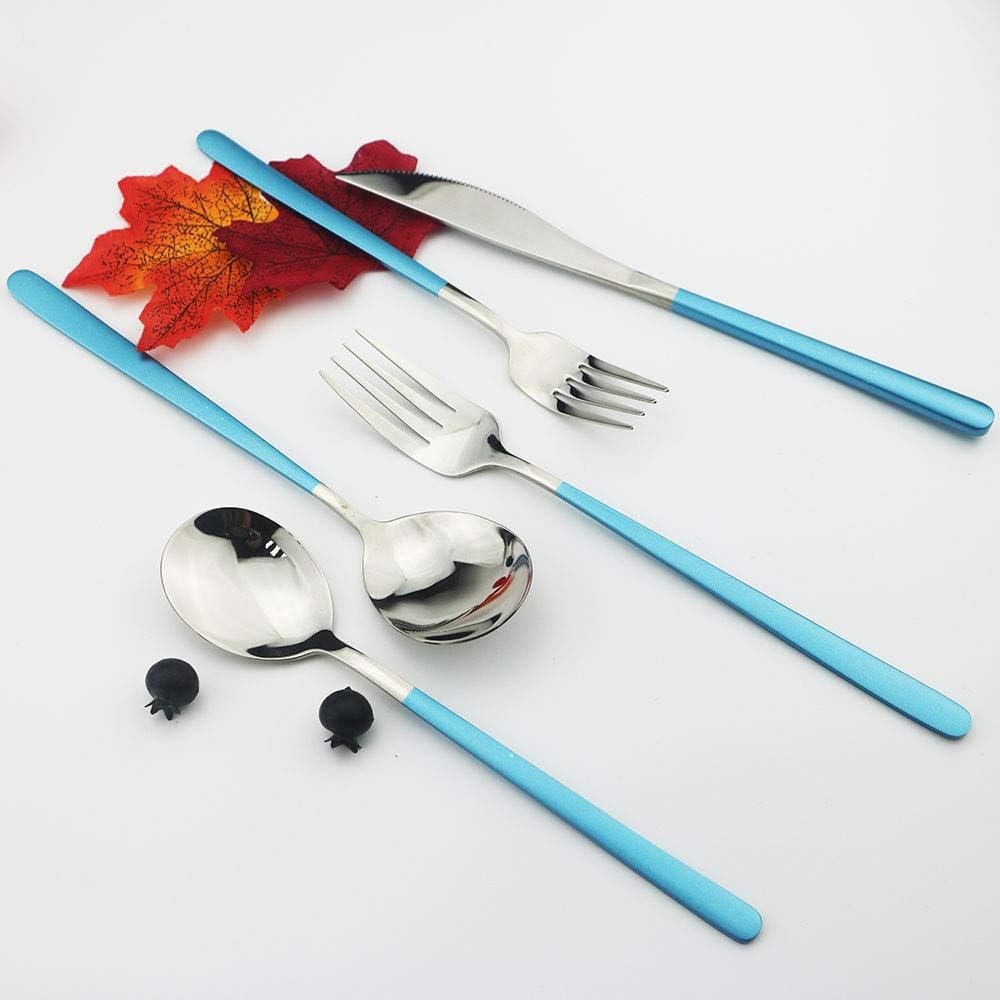 JASHII 20-Piece Silverware Set with Serving Utensils, SUS304 Stainless Steel Flatware Cutlery Set for 4, Eating Utensil Tableware Sets, Mirror Finish(Blue silver)